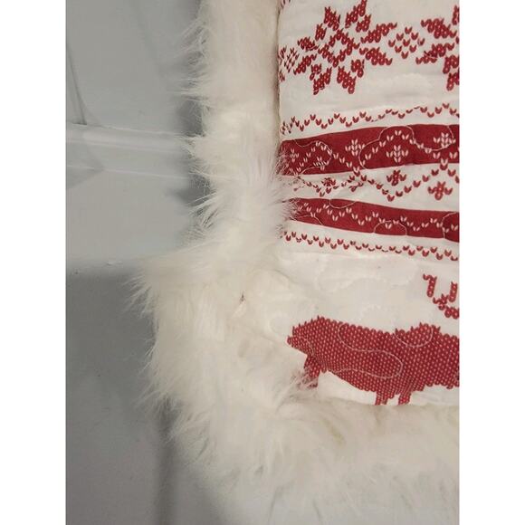 White pine Christmas Throw Pillow Red White Reindeer Elk Faux Fur Trim - Picture 4 of 8